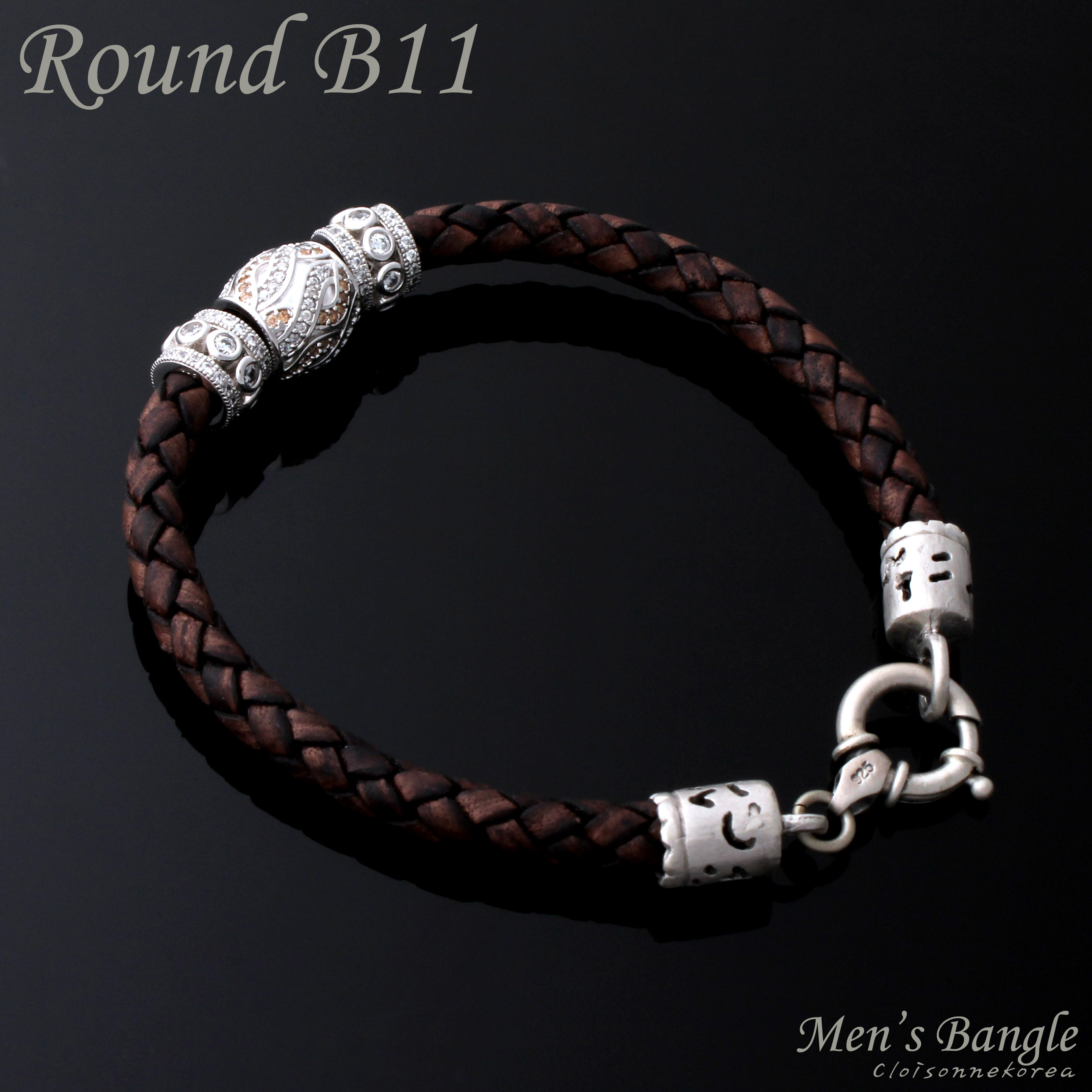 Round B11 leather bangle/bracelet for men, Sterling silver rondelle, Sterling silver clasp, Braided leather cord, Micro pave setting swarovski