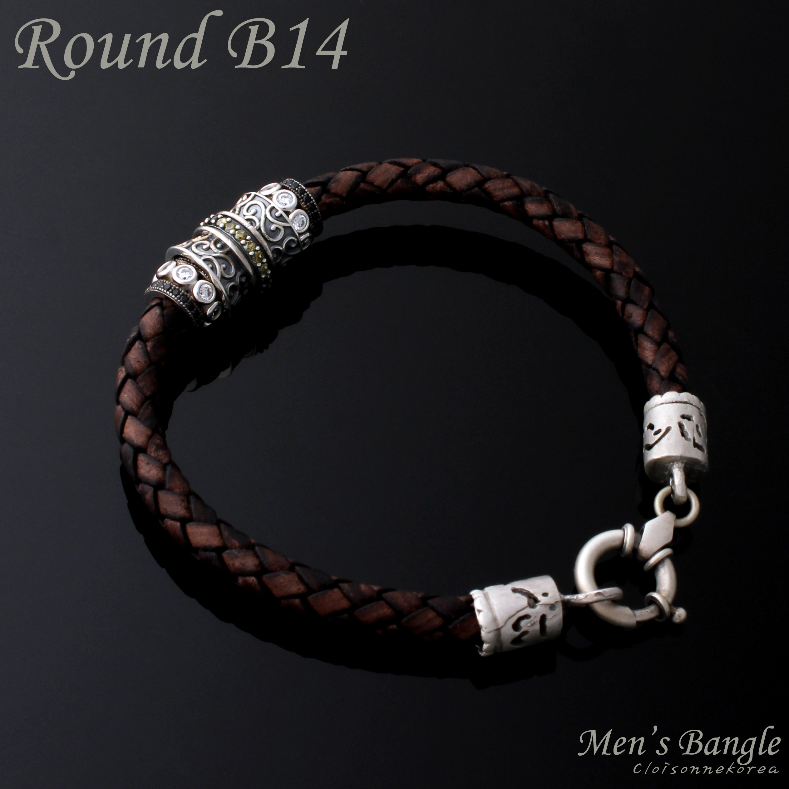 Round B14 leather bangle/bracelet for men, Sterling silver rondelle, Sterling silver clasp, Braided leather cord, Micro pave setting swarovski